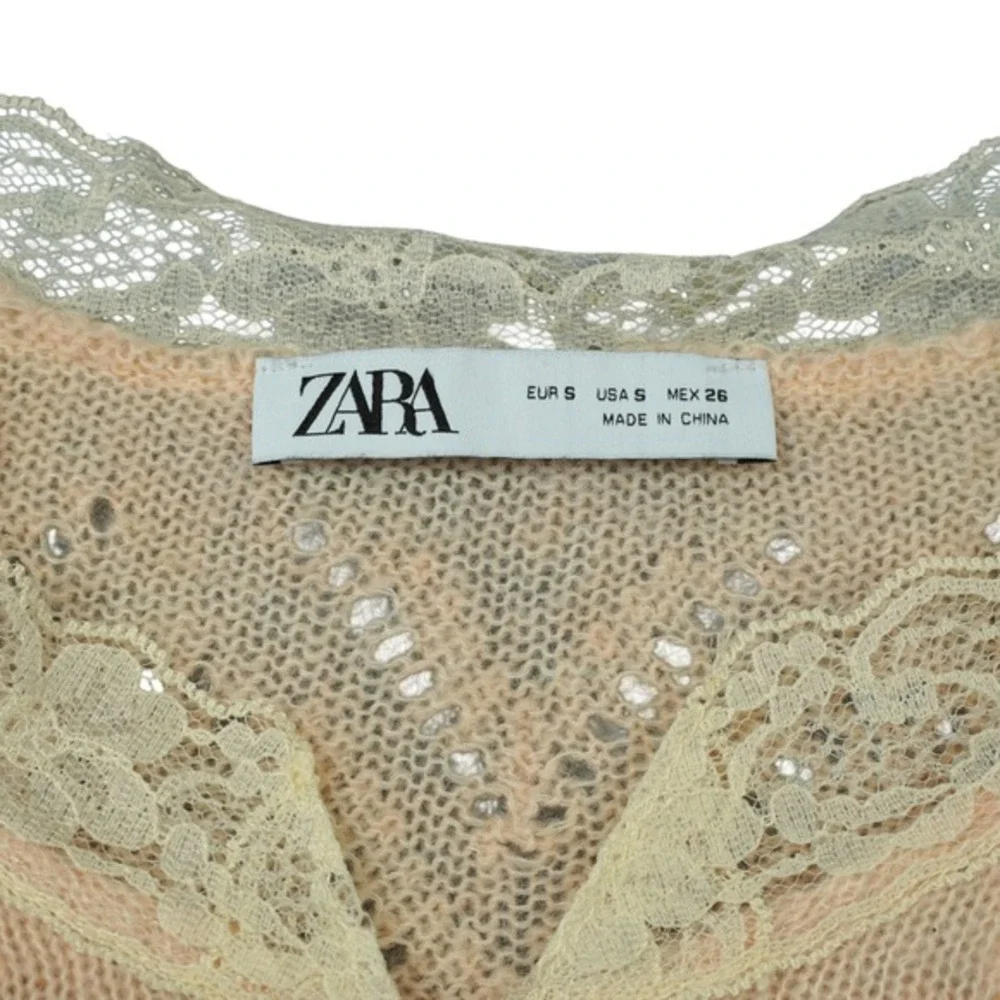 ZARA Peach Pointelle Lace Trim Cropped Cardigan Sweater Delicate Cottagecore
